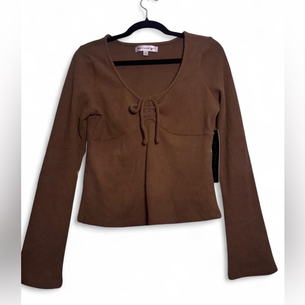 Madden Girl Brown Ribbed Tie-Front Long Sleeve Top